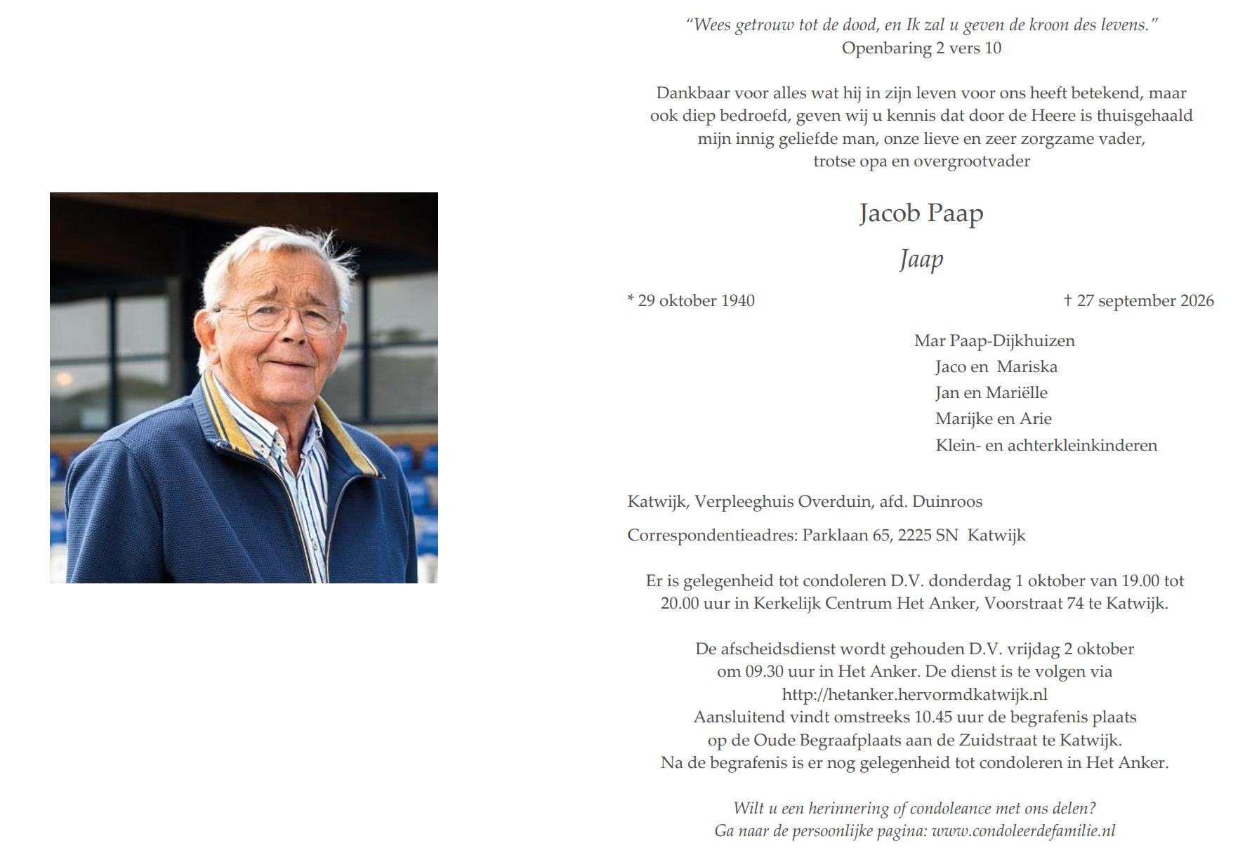 Rouwkaart Jaap Paap